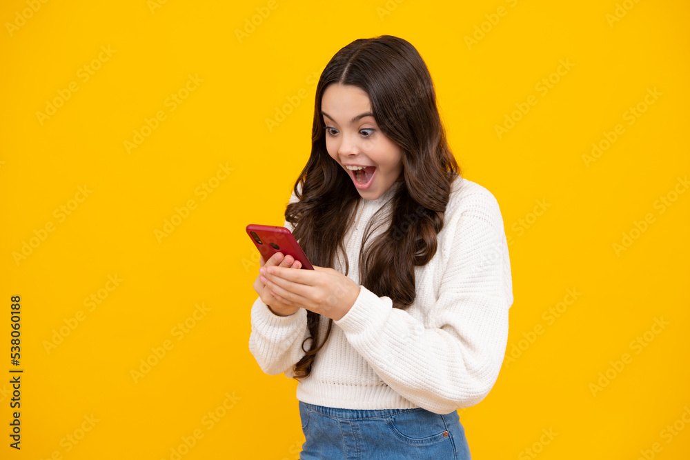 Portrait of cute teenage girl using mobile phone, chatting on web, typing sms message. Mobile app for smartphone. Children lifestyle concept. Mock up copy space. Portrait of cute teenage girl using mobile phone, chatting on web, typing sms message. Mobile app for smartphone. Children lifestyle concept. Mock up copy space.