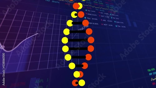 Animation of dna strand spinning and statistics over binary coding data processing photo