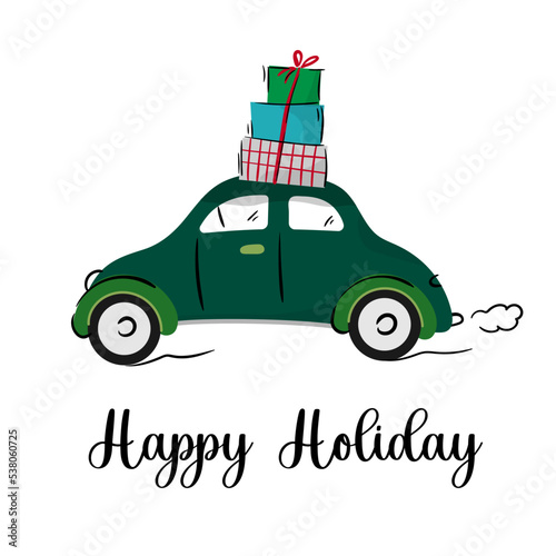 A green car with gifts on top. The car is carrying gifts.