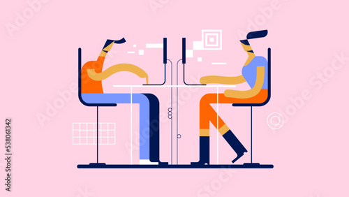 Flat vector illustration of colleagues working on their computers. Concept of an office scene with digital workers, engrossed in their screens.