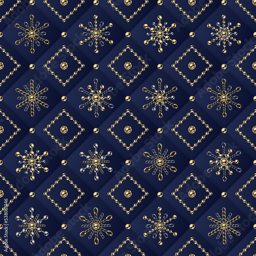 Seamless geometric pattern with small 6 side snowflakes, squares made of jewelry gold, silver chains and shiny ball beads. Square blue geometric grid on background