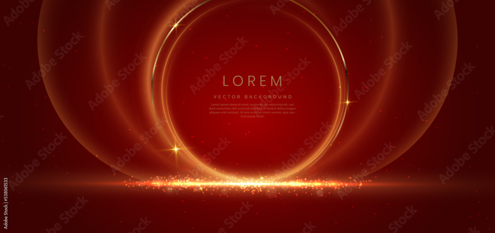 Gold circle frame luxury on red elegant background with lighting effect and sparkle with copy space for text.