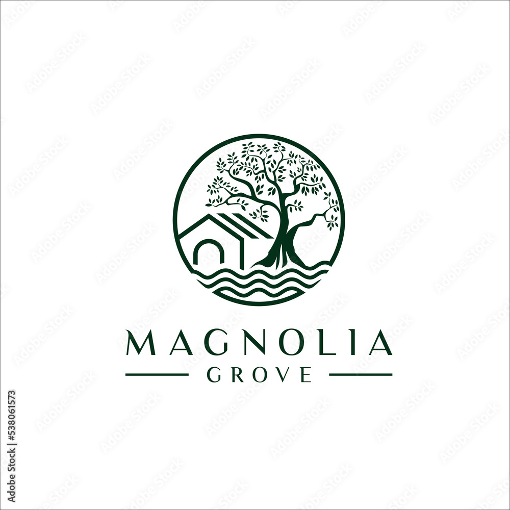 Lake, house and tree logo design Lake, house and tree logo design