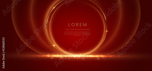 Gold circle frame luxury on red elegant background with lighting effect and sparkle with copy space for text.