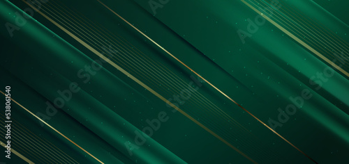 Abstract elegant dark green background with golden line diagonal and lighting effect sparkle. Luxury template design.