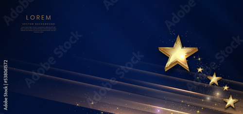 Abstract luxury golden stars on dark blue background with lighting effect and spakle.