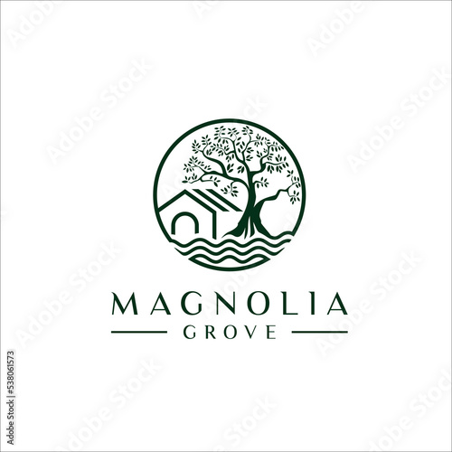 Lake, house and tree logo design