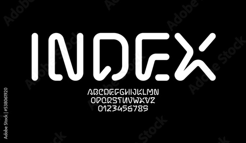 Technical font, round modern alphabet, trendy uppercase Latin letters from A to Z and Arab numbers from 0 to 9 for you designs, vector illustration 10EPS