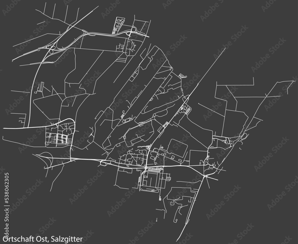 Detailed negative navigation white lines urban street roads map of the ORTSCHAFT OST DISTRICT of the German regional capital city of Salzgitter, Germany on dark gray background