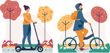 PNG cartoon illustration of people rolling on electric kick scooter and bike. Ecological alternative transport concept illustration set.