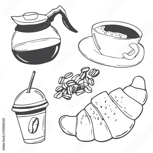 Set of illustrations about coffee. Coffee teapot, croissant, coffee beans, cup of coffee and take-out cofee cup. Vector. Doodle style.