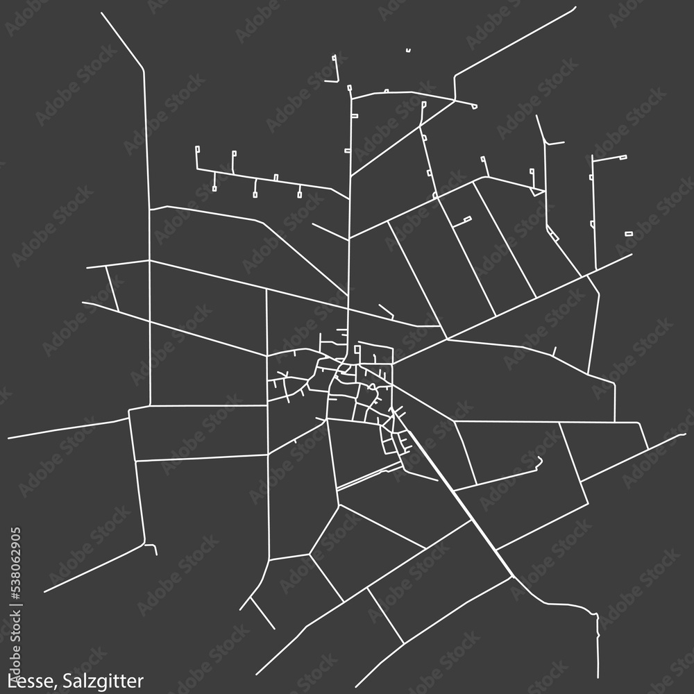 Detailed negative navigation white lines urban street roads map of the LESSE QUARTER of the German regional capital city of Salzgitter, Germany on dark gray background