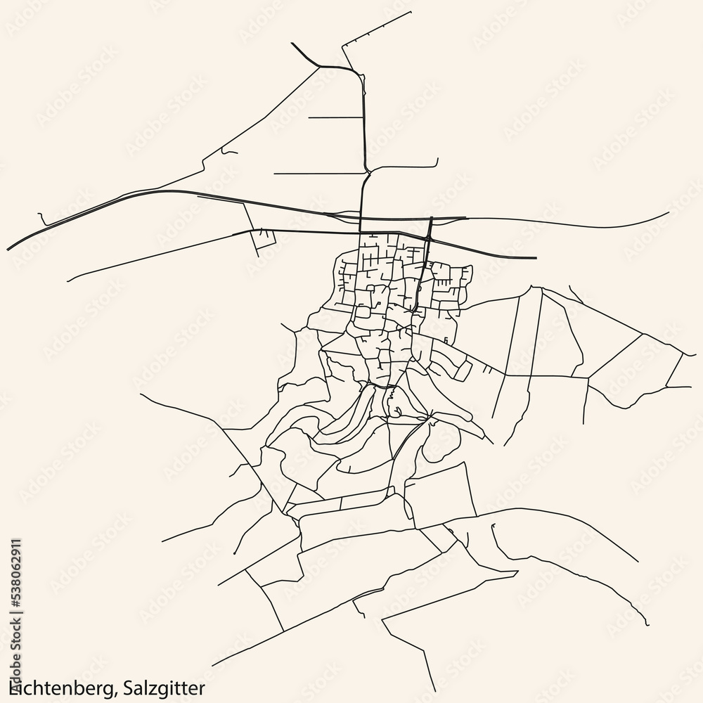 Detailed navigation black lines urban street roads map of the LICHTENBERG QUARTER of the German regional capital city of Salzgitter, Germany on vintage beige background
