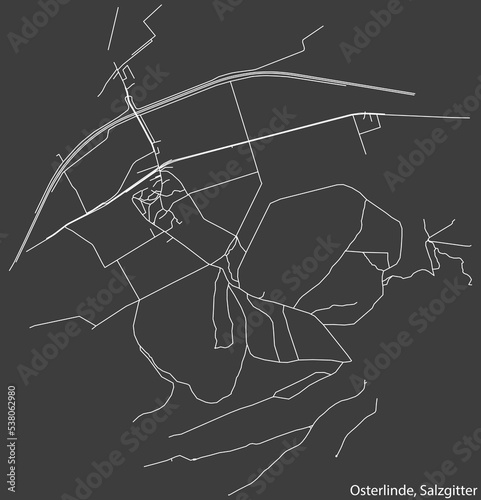 Detailed negative navigation white lines urban street roads map of the OSTERLINDE QUARTER of the German regional capital city of Salzgitter, Germany on dark gray background photo