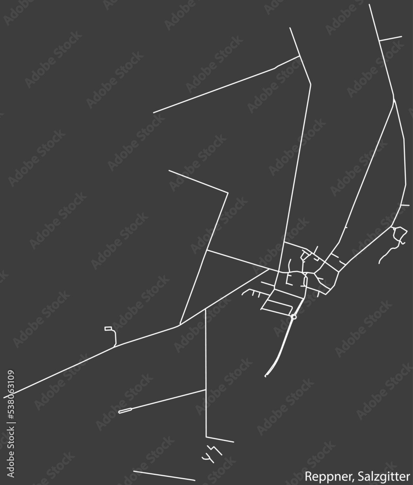 Obraz premium Detailed negative navigation white lines urban street roads map of the REPPNER QUARTER of the German regional capital city of Salzgitter, Germany on dark gray background