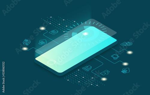 Isometric mobile phone with futuristic UI and applications. App on mobile phone. Innovation in UI and software development. User interface. Gadget software. Homepage template. 