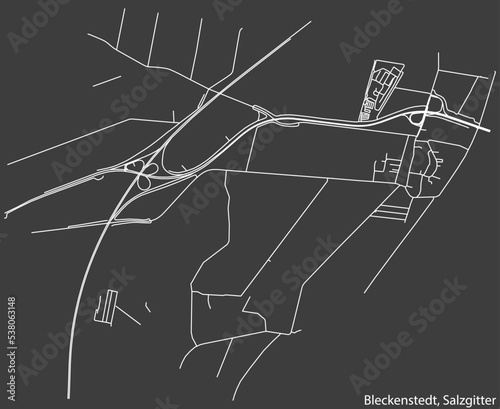 Detailed negative navigation white lines urban street roads map of the BLECKENSTEDT QUARTER of the German regional capital city of Salzgitter, Germany on dark gray background