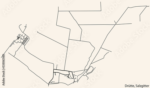 Detailed navigation black lines urban street roads map of the DRÜTTE QUARTER of the German regional capital city of Salzgitter, Germany on vintage beige background photo