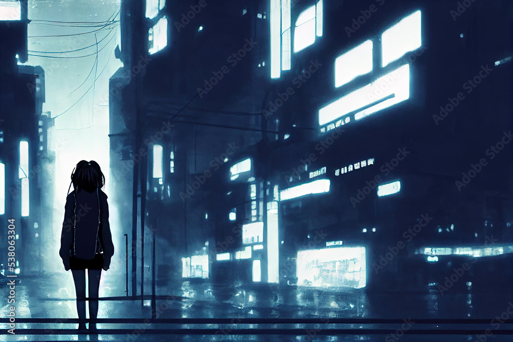 Young girl silhouette on night city streets. Neon lights of the night city. 3d illustration