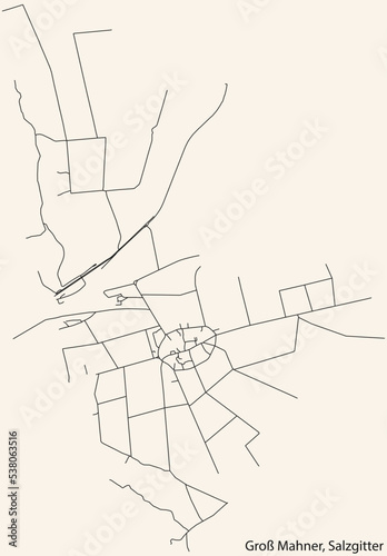 Detailed navigation black lines urban street roads map of the GROSS MAHNER QUARTER of the German regional capital city of Salzgitter, Germany on vintage beige background photo