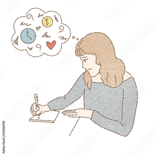 Young lady moody writing problem on book, over thinking about work life balance. Hand drawn flat cartoon character vector illustration in colored pencil texture.