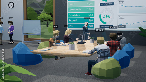 People as avatars having a business meeting in a virtual metaverse VR office, discussing company financial sales report stats. Generic 3d rendering