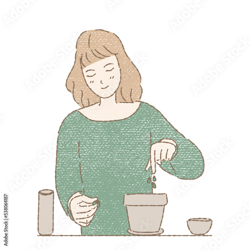 Woman planting seeds in soil in pots. Gardening. Hand drawn flat cartoon character vector illustration in colored pencil texture.