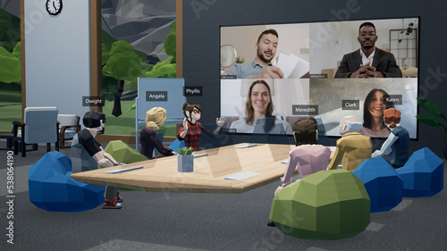 People as avatars together with workers using webcams having a conference call meeting in a virtual metaverse VR office, discussing financial report stats. Generic 3d rendering