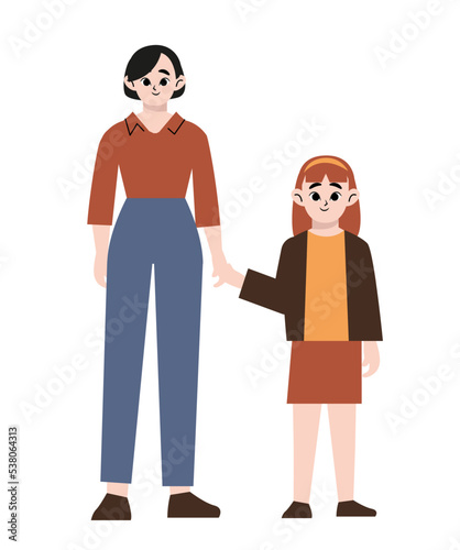 Mother with daughter.Mom holds her daughter hand.Isolated on white background. Cartoon style. Vector illustration