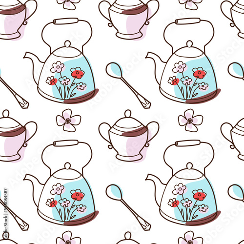 contur and spot vector seamless pattern on the cups and teapot