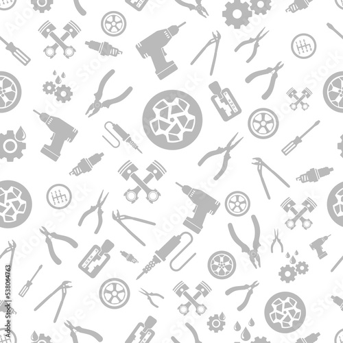 Seamless Pattern Automotive Vector With Gray Icons. Auto spare parts seamless pattern. Car repair icons background. Simple seamless pattern design with gray spare parts icon. 