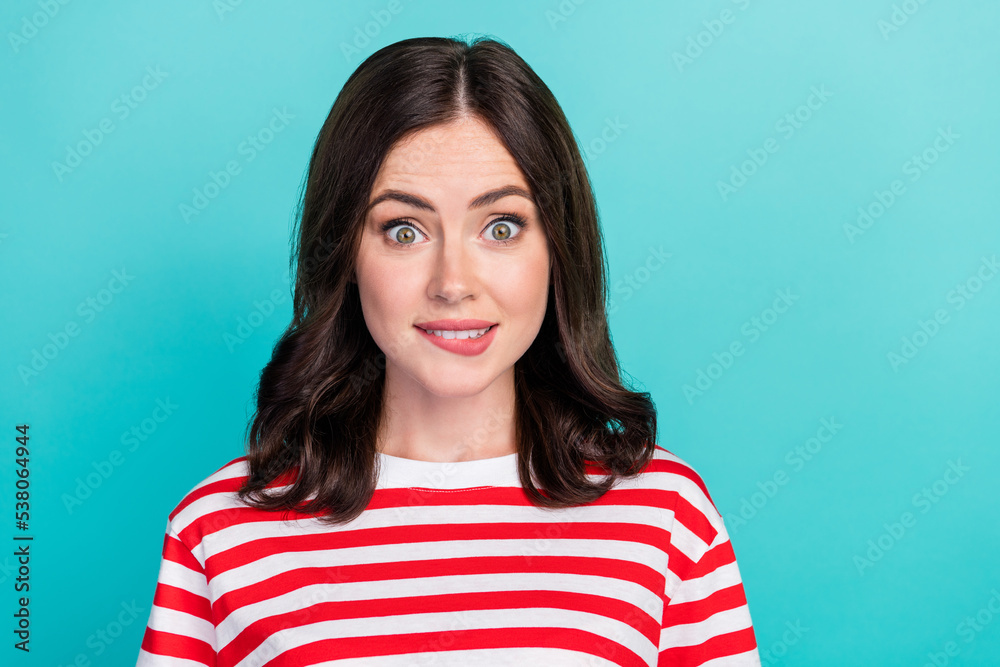 Fototapeta premium Close up photo nice pretty worried person lady teeth bite lips dressed trendy striped outfit isolated on cyan color background