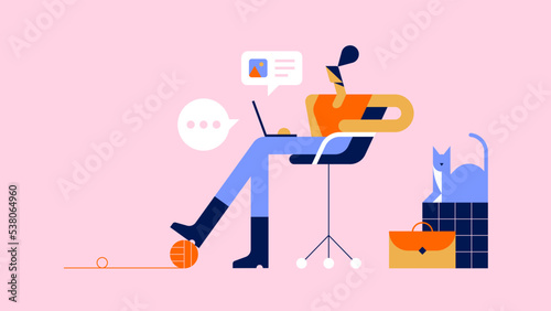 Business woman working with her laptop on her knees. Flat vector illustration of a teleworker with his cat.