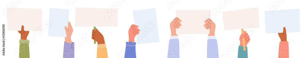 Protest or demonstration illustration. Hands holding posters and banners.