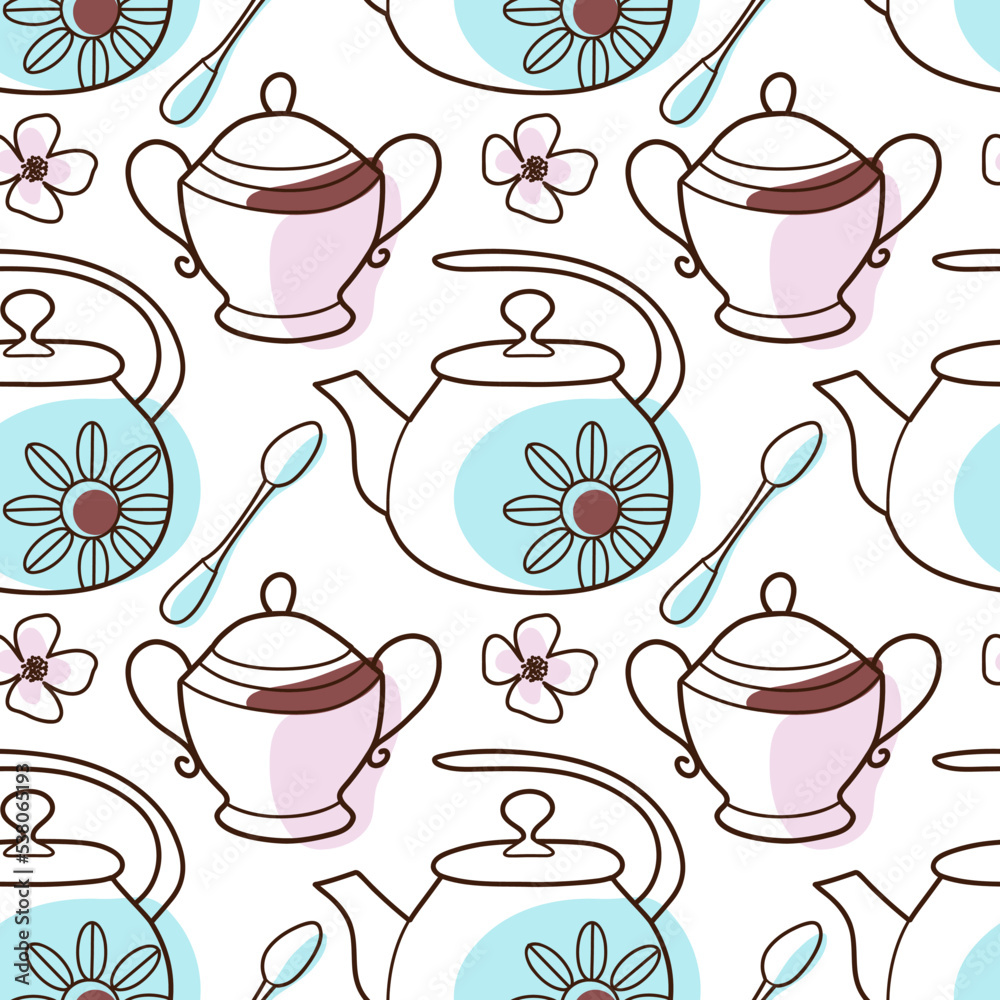 contur and spot vector seamless pattern on the cups and teapot