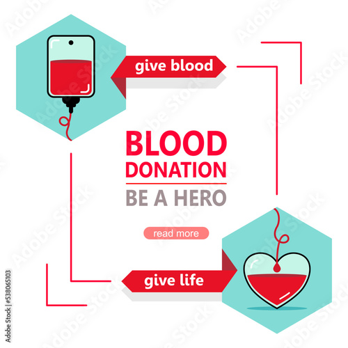 blood bag donated with heart, blood donor for poster, banner, card, and background. Vector illustration flat design for blood donation day.