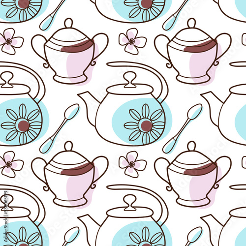 contur and spot vector seamless pattern on the cups and teapot