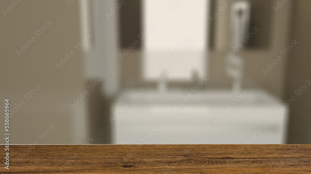 Modern bathroom including bath and sink. 3D rendering.. Background with empty wooden table. Flooring. Modern bathroom including bath and sink. 3D rendering.. Background with empty wooden table. Flooring.