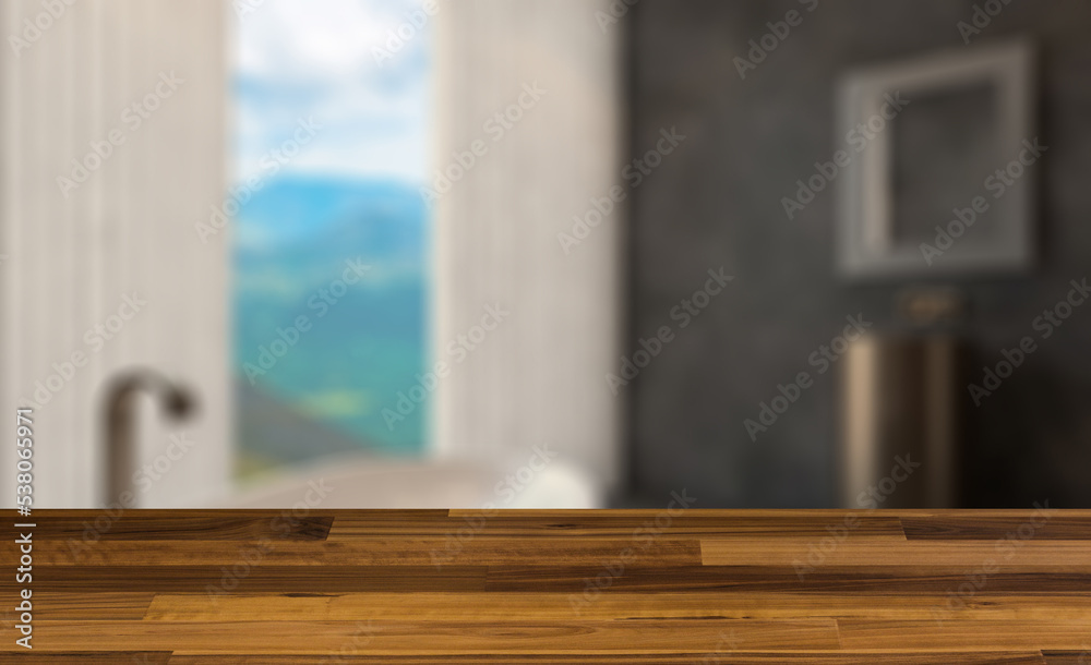Spacious bathroom in gray tones with heated floors, freestanding. Background with empty wooden table. Flooring. Spacious bathroom in gray tones with heated floors, freestanding. Background with empty wooden table. Flooring.