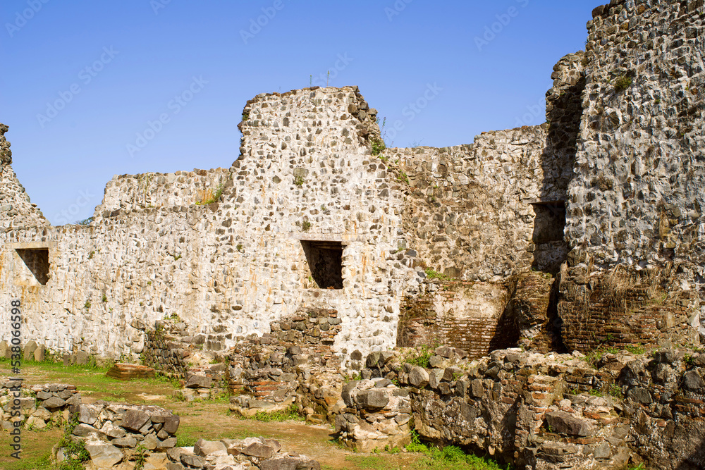 Antique stone ruins on ancient Byzantine fortress of Petra in Georgia, Tsikhisdziri . Historical and archaeological complex Antique stone ruins on ancient Byzantine fortress of Petra in Georgia, Tsikhisdziri . Historical and archaeological complex