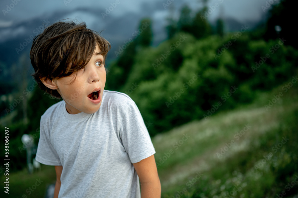 Emotional portrait of a teenage boy against the backdrop of mountains Emotional portrait of a teenage boy against the backdrop of mountains