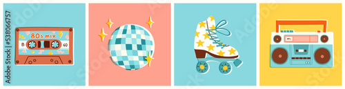Set of retro items including boombox, roller skates, disco ball and cassette tape. Vector illustration of 80s disco party theme. Hand drawn elements in colorful vintage style.