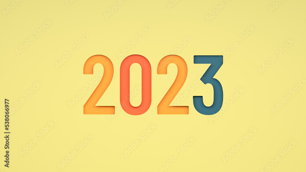 Numbers 2023 in retro colors on yellow background. Greeting card retro design. Happy New Year 2023 Background. 3D Illustration