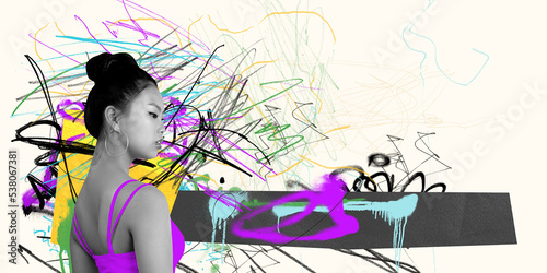 Unmanageable rhythm of life  speed of decision-making. Young girl s portrait with colorful bright abstract graphics  lines. Contemporary art collage.