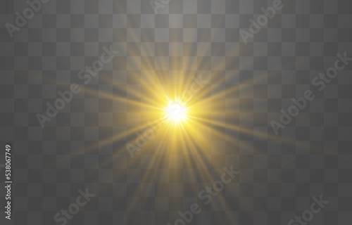 Glow light effect, Bright sun. Vector transparent sunlight, special flash light effect. Sun or spotlight beams. Bright flash. Light PNG. Decor element isolated on transparent background.