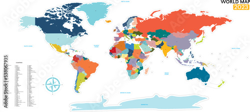 Fototapeta Naklejka Na Ścianę i Meble -  Colorful High detailed Vector world map complete with all country's names latest with CMYK Printable Editable 