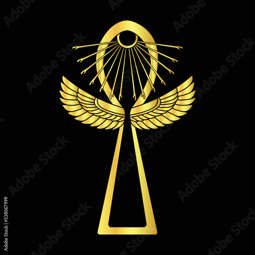 Egyptian wings and Sun ATON , Ankh Key of life symbol photo