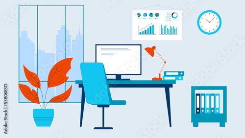 Office interior in flat style. Modern business workspace with office furniture. Office workplace with chair, desk, table, computer, bookcase, clock, flowerpot, lamp, diagrams, chart. Coworking office.