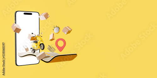 3D rendering yellow Delivery Bike Courier service.Fast Delivery motorcycle and online shopping concept design .cardboard boxes.Smartphone, Gps icon ,shopping bag,Stop watch.yellow background