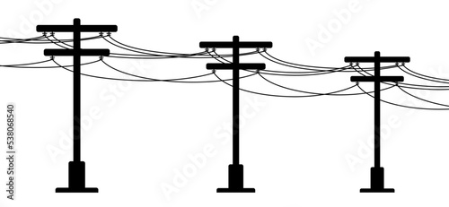 Tangent towers. High voltage pole, electric wires and telephone cable, wire line pylon, poles network. Broken electric pylons, power transmission line. Cartoon for socket, electricity cable and short  photo